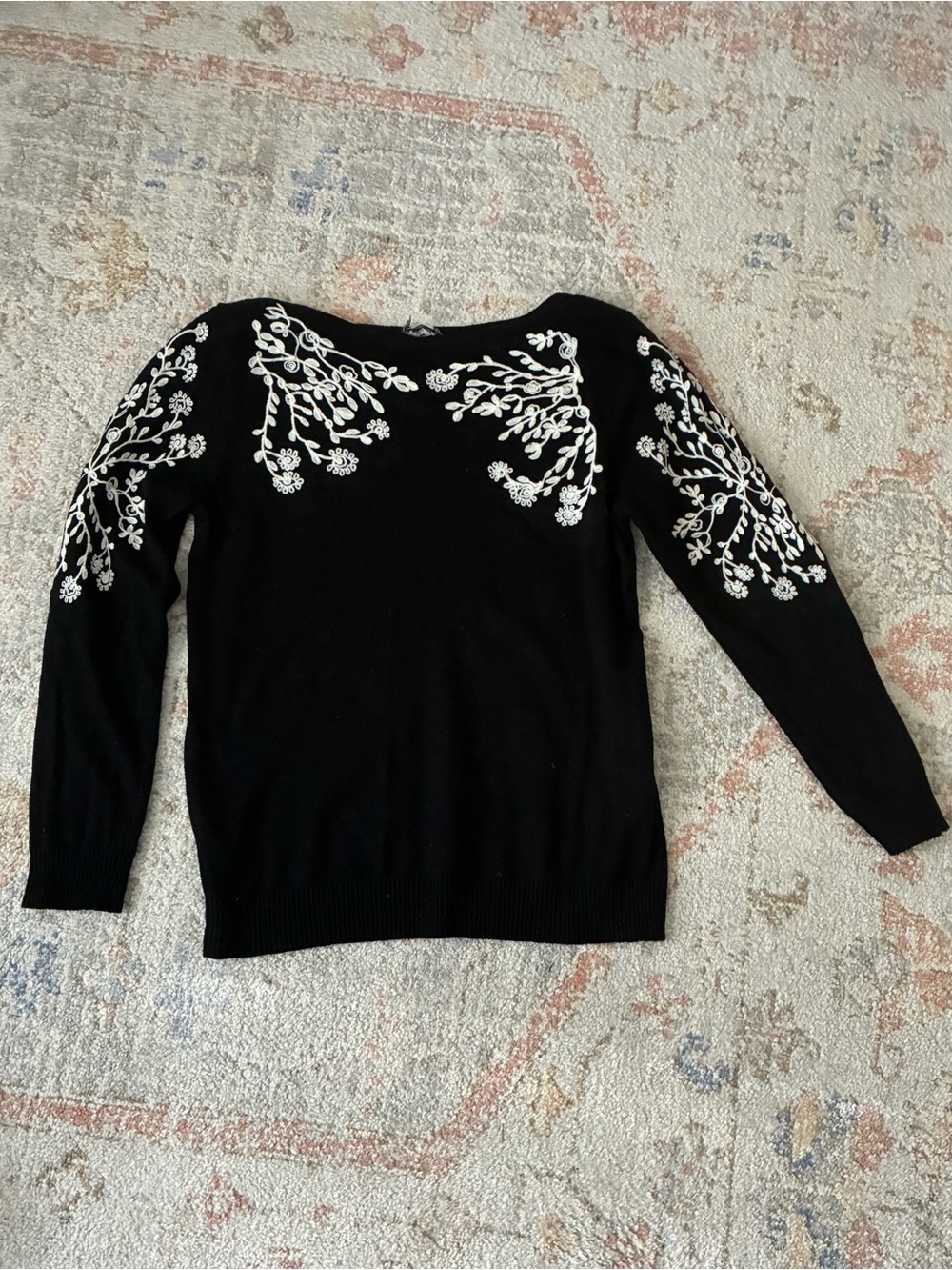Whimsigoth Black Angora Blend Floral Embroidered Pullover Sweater Officewear